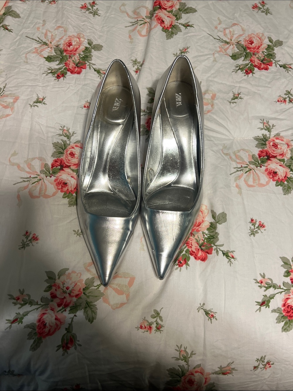 Zara Metallic Silver Pointed-Toe Stiletto Pumps